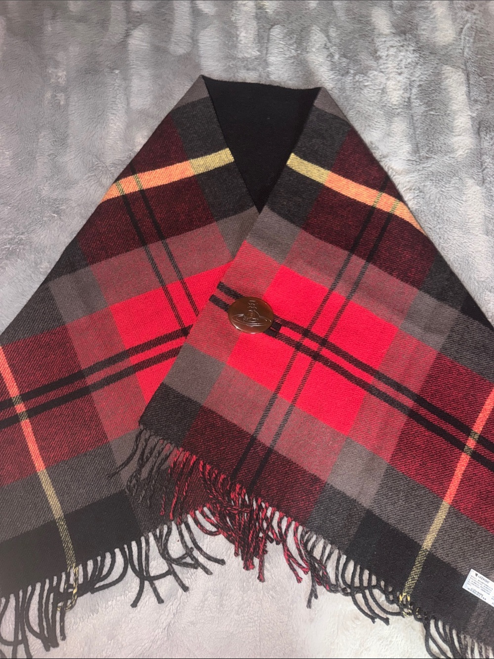 Vivienne Westwood Plaid Red and Black Fringe shawl reversible excellent cond